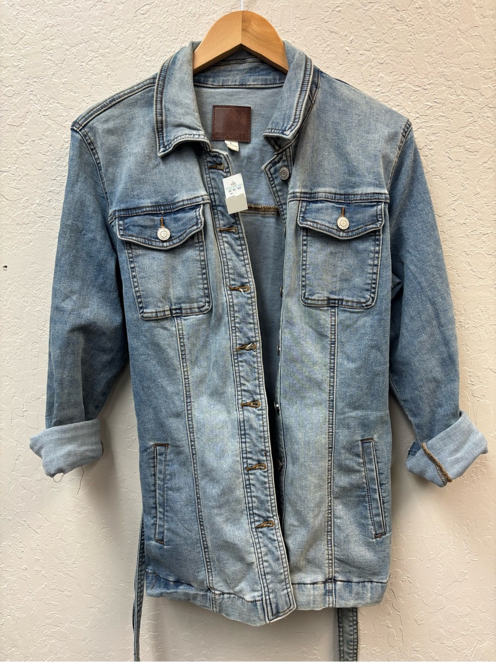 NWT Maurices Jacket Womens L Blue Denim Belted Trench Stretch Grunge Preppy Boho